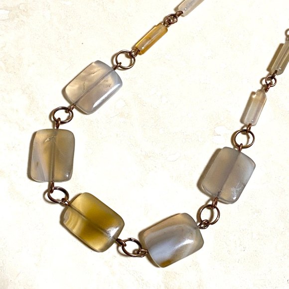 Geometric Earthy Agate Necklace, Rustic Genuine Gemstone Copper Link Necklace - Picture 2 of 12